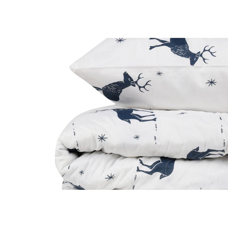 Ensemble de couvre-lit matelassé très grand pour Noël, bleu foncé et blanc | Housse douce en coton 65% / polyester 35%, 240 x 87,0 pouces | Comprend 2 taies d'oreiller (16,0 x 16,0 po) | Lavable à la machine, élégant décor des Fêtes