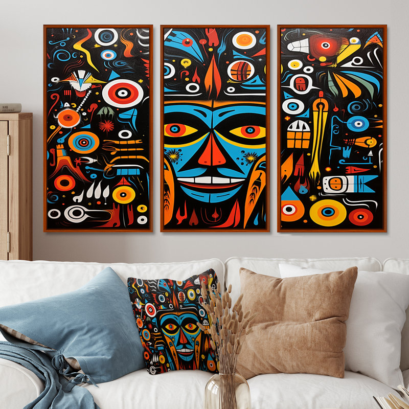 «Blue Tribal Mask Indoriginal Composition», ensemble de reproductions d'art mural amérindien, Cadre flottant brun