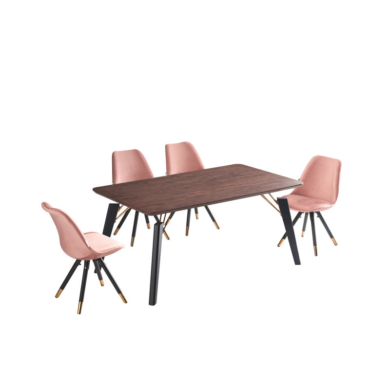 Gualtier 4 Person Dining set - a Rectangular Wooden Dining Table with Metal Legs and a Set of 4 Quilted Velvet Dining Chairs for Dining Room - Modern Dining Table Set