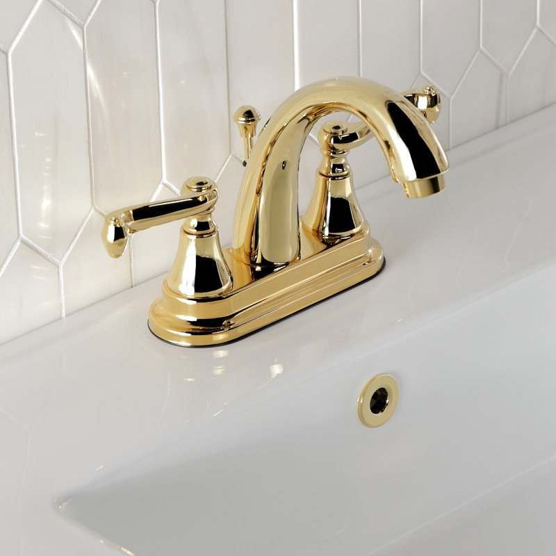 Kingston Brass English Vintage Two-Handle 3-Hole Deck Mount 4" Centerset Bathroom Faucet with Pop-Up, Polished Brass
