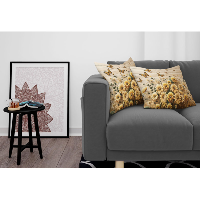 Pale Orange Tan Green Floral Butterfly Microfiber Throw Pillow Set
