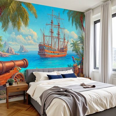Papier peint auto-adhésif Summer Pirate Ship Treasure Tropical Island Palm Trees