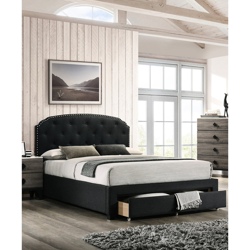 Lit simple avec rangement et tête de lit bouton en tissu de jute gris anthracite, Gris anthracite