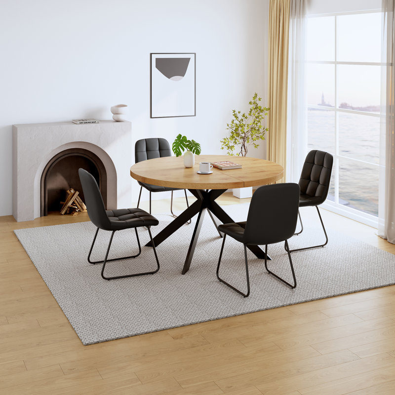 46.4" Round Table Set Of 4 , Modern Kitchen Table Set, Mdf Dining Table With Dining Chairs, Black