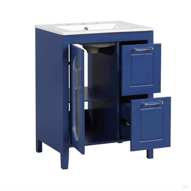 Meuble-lavabo 24 po avec lavabo, meuble-lavabo avec deux tiroirs et porte, tablette réglable, bois massif et panneau de fibres à densité moyenne