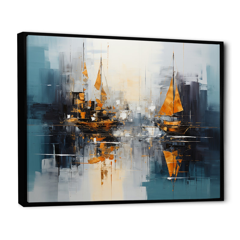 «Moonlight Saiboat Collage Horizon I», art mural de bateau à voile, H 34 po x l 44 po x P 1,5 po, Cadre flottant noir