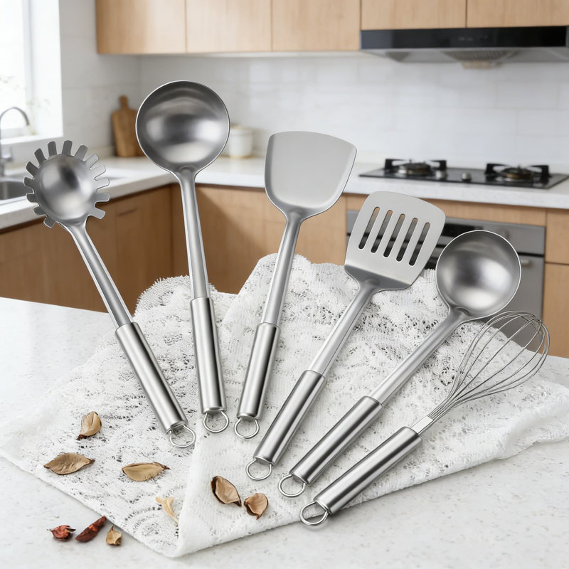 Ensemble d'ustensiles de cuisine 6 pièces en acier inoxydable avec trous de suspension - Comprend la spatule, le tourneur à fentes, la louche à soupe, la cuillère à rainures, le fouet et le support à pâtes - Outils de cuisson allant au lave-vaisselle