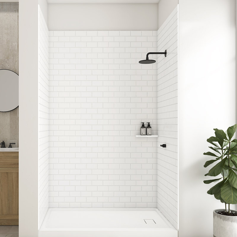 WOODBRIDGE 96" H Shower Wall Panel Surround, Quick Install, Cuttable, Staggered Brick Pattern, High Gloss White Finish, 3/16” (5mm) Thick