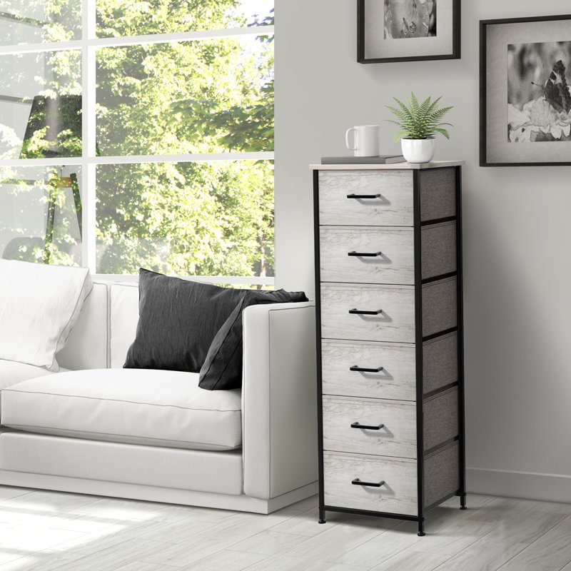 Sorbus 6 Drawers Tall Dresser with Steel Frame, Wood Top & Easy Pull Foldable Fabric Bins, Greige, Greige