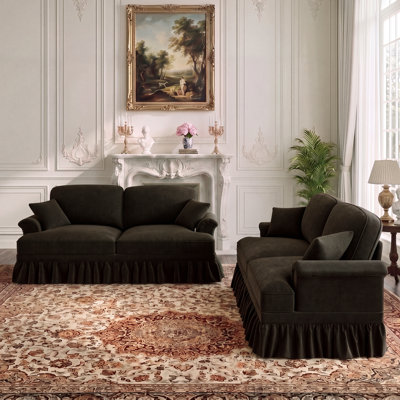 Elegant Mid Century 2 Piece Loveseat Sofa Set, Two 5 Seater Chenille Sofas with Flared Arms, Removable Ruffles Pleated Skirt and Spindle Legs, For Living Room ,Bedroom and Apartment,Brown