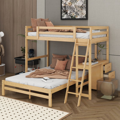 Twin Over Full Bunk Bed With Desk And 3 Storage Drawers, Solid Wood Bunk Bed Frame For Kids Teens Adults