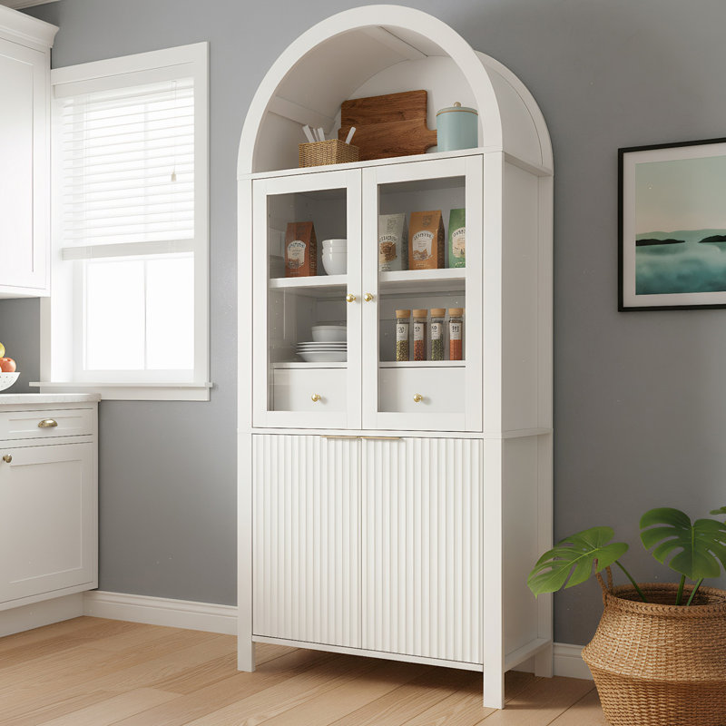 71" Fluted Tall Arched Pantry Cabinet In White, Offering Storage For Kitchen, Living Room, And Dining Adjustable Shelves, Hidden Drawer, Metal Handles Cabinet, Drawer Slides, - Tip Kits