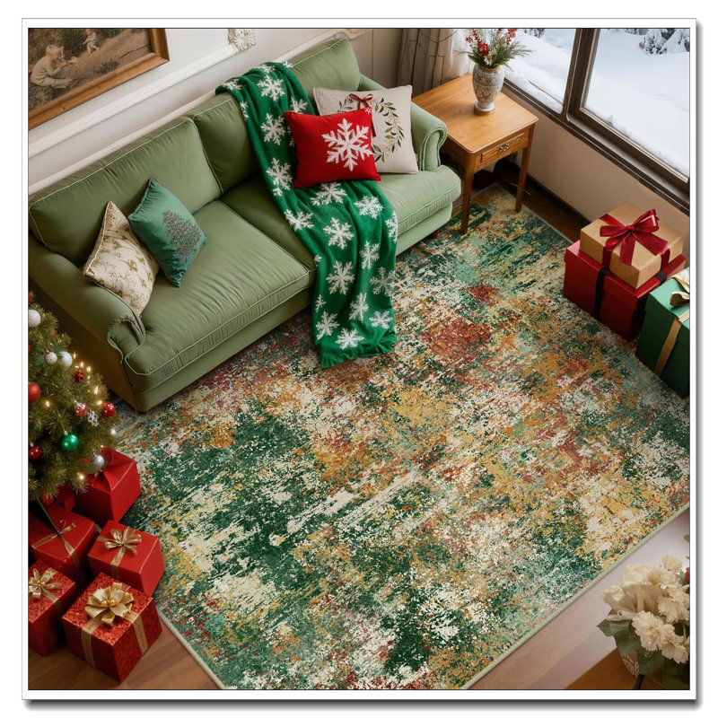 Washable 8'X10' Non-Slip Area Rug - Modern Abstract Print Soft Rug For Living Room Entryway Bedroom Nursery, Green Orange Rust Red Cream Colorful