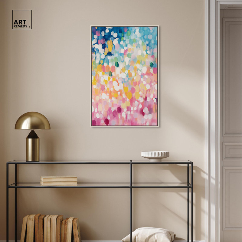 «Joyful Rainfall I», toile de couleur moderne abstraite par Art Remedy, Cadre argenté, H 46 po x l 31 po x P 1,2 po