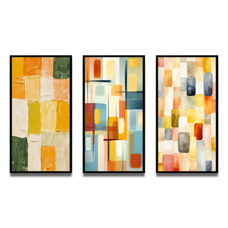 «Retro Cubist Abstract Composition I», ensemble de 3 reproductions, Cadre flottant noir, H 40 po x l 60 po