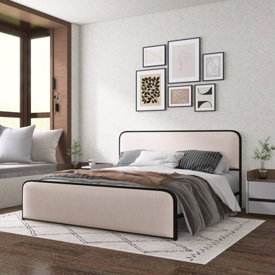 Modern Metal Bed Frame - Curved Upholstered Headboard/Footboard, Under Bed Storage & Heavy Duty Slats