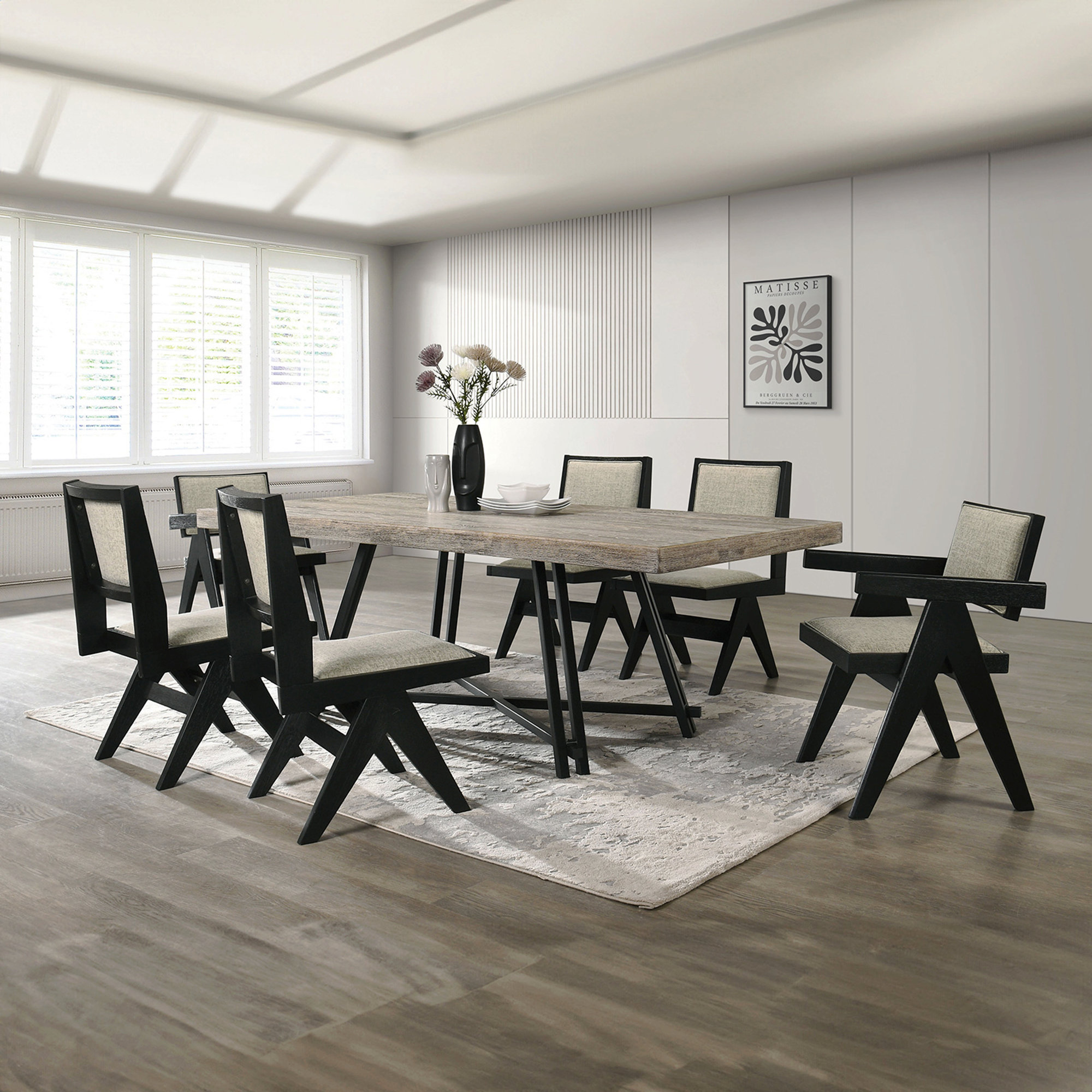 Hokku Designs 7Pc Black Dining Set Rubber Wood Dining Table W 2X Arm ...