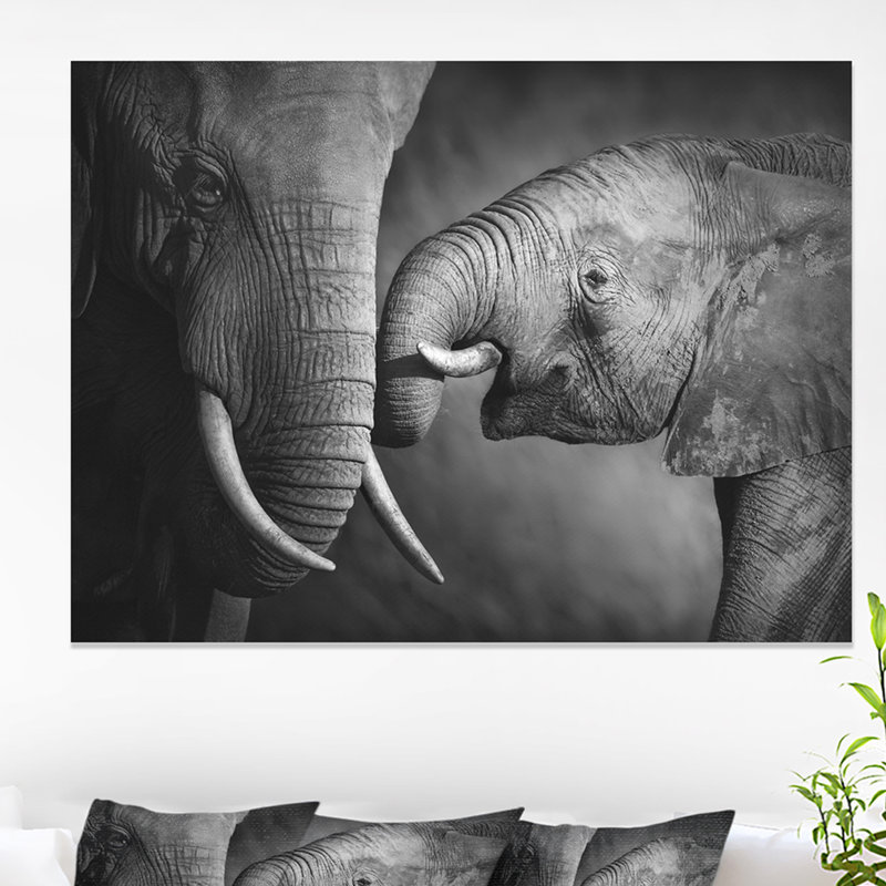 Éléphants montrant l'affection - impression d'art graphique, H 30 po x l 40 po, Toile tendue