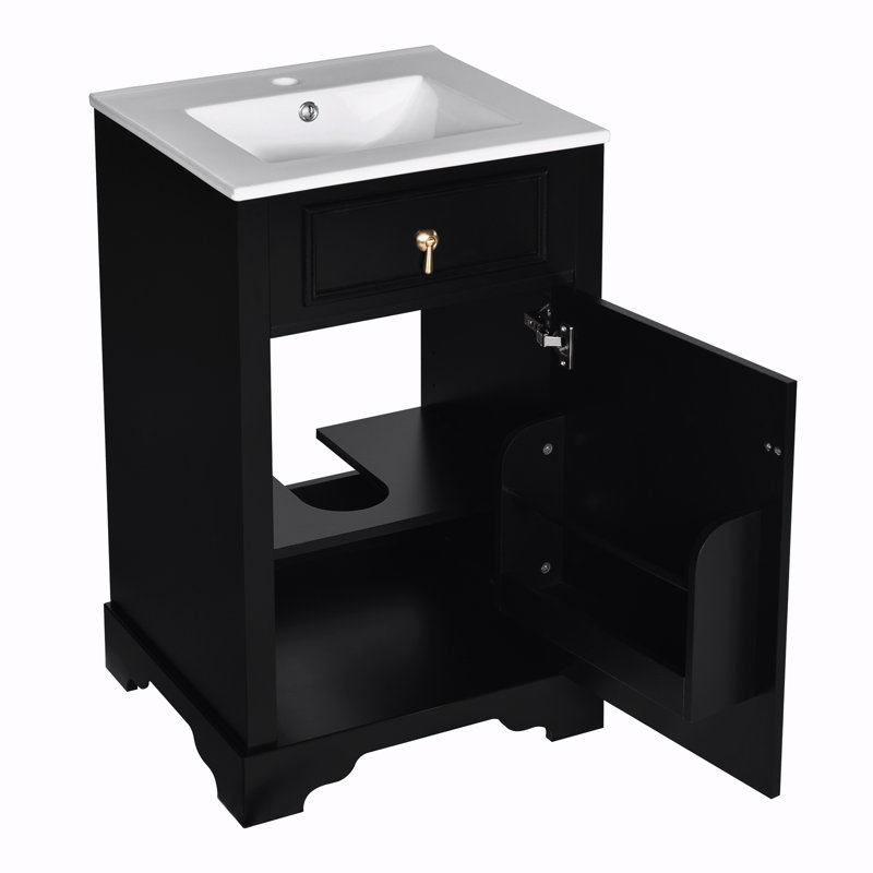 Meuble-lavabo de rangement avec lavabo en céramique, Black