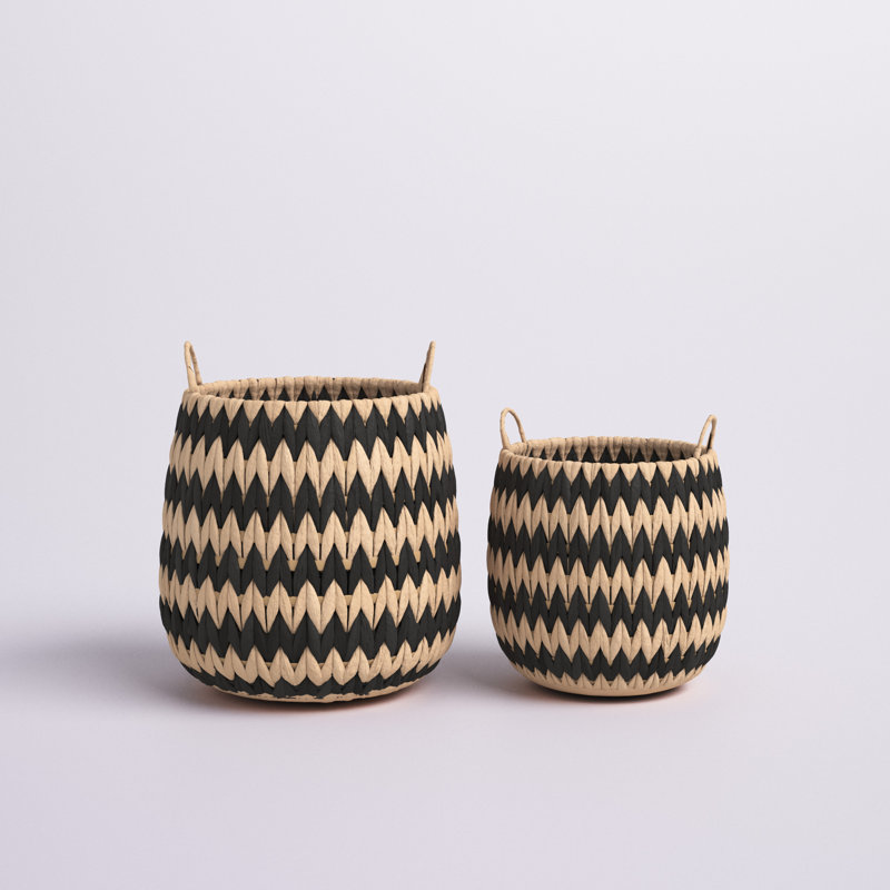 Woven Basket in Handwoven Cattail and Paper Fibers with Pattern and