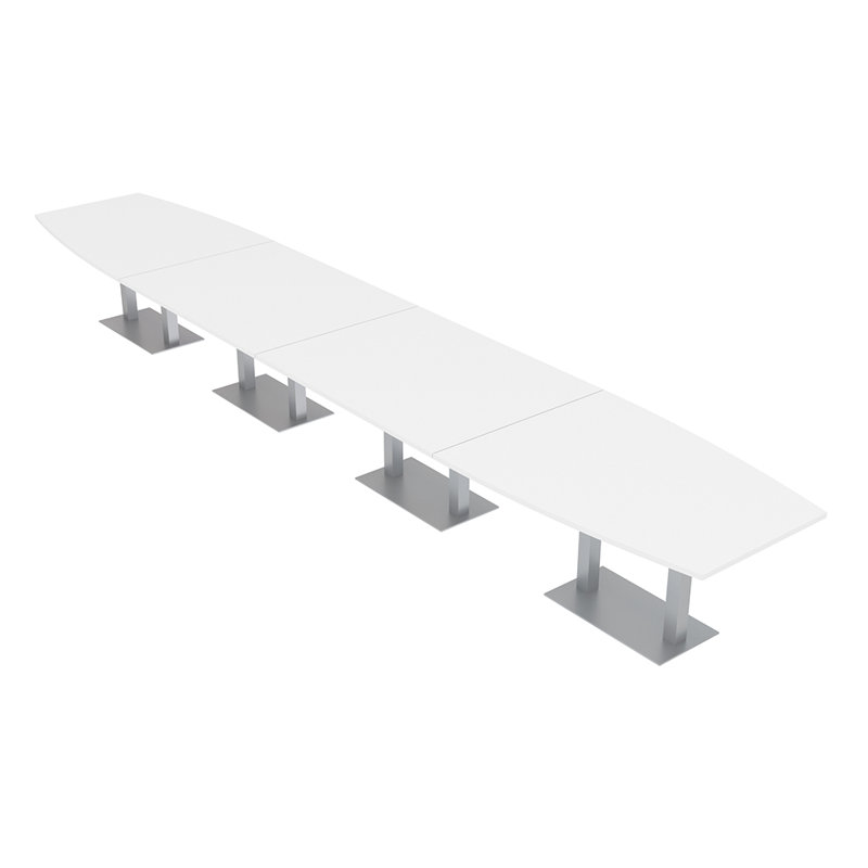 Table de conférence en forme de bateau avec base en métal double, L 264 po x l 48 po, Blanc classique, Argent argent