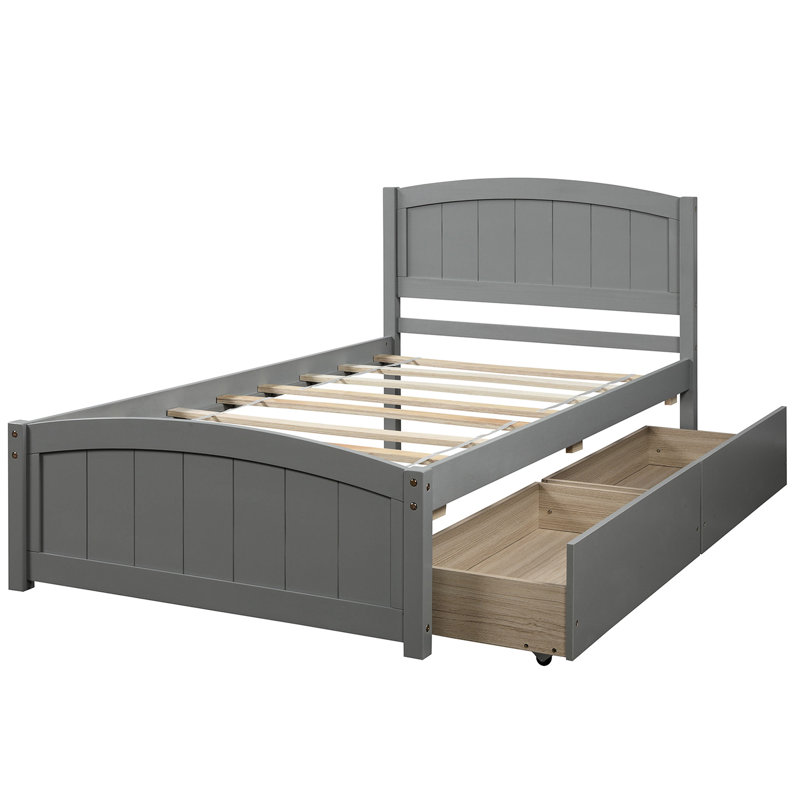 Lit plateforme gris avec deux tiroirs pratiques - Bois massif pour un cadre de rangement confortable pour la chambre à coucher