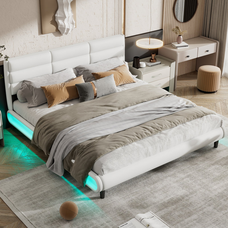 King Size Upholstered Platform Bed With LED Light Strips,White