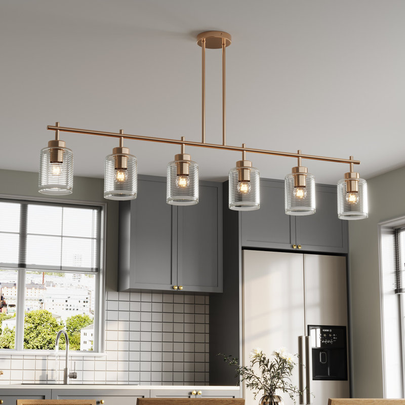 Lustre linéaire 6 lumières pour îlot de cuisine doré avec abat-jour en verre