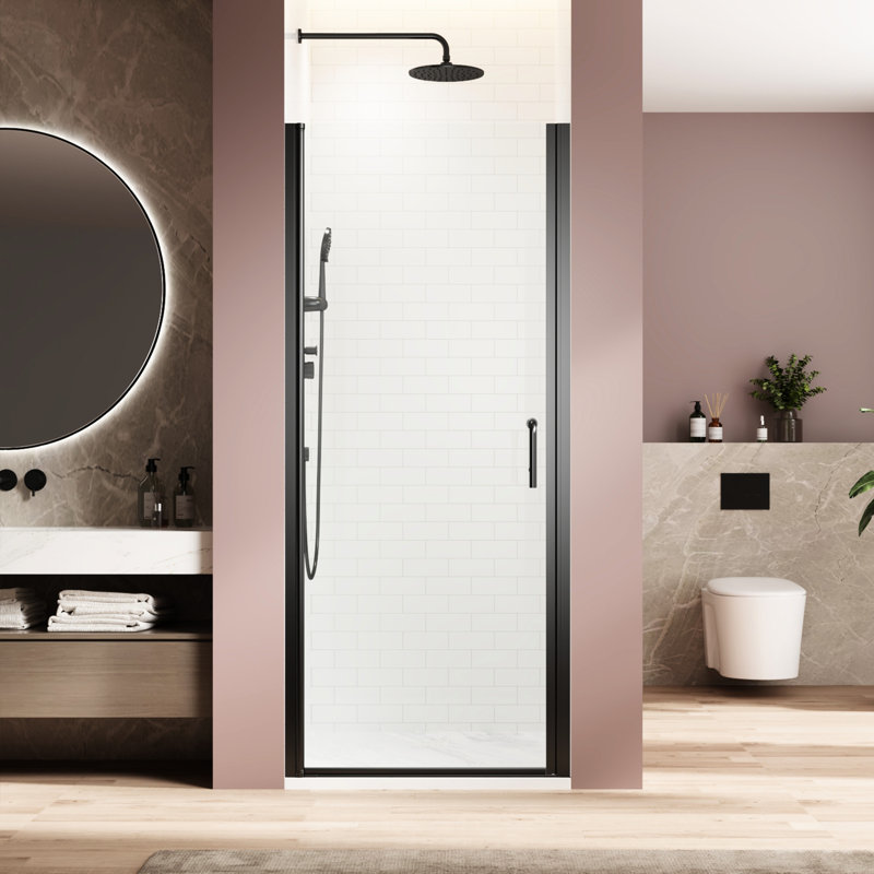 Porte de douche à panneau pivotant simple de 72 pouces de haut, 28 pouces de large, en acier inoxydable noir mat, imperméable et peu encombrante