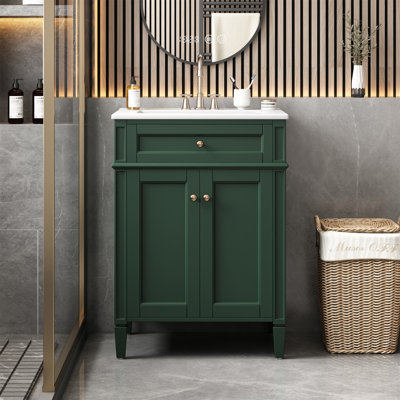 24"W Freestanding Single Bathroom Vanity with Ceramic Sink Top, Cabinet and Flip Drawer