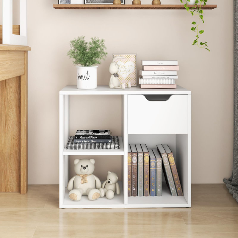 White Modern 3-Cube Bookcase with Drawer and Open Shelves