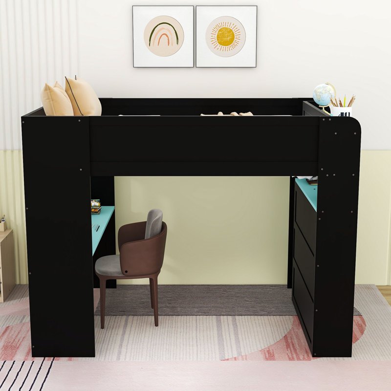 Full Loft Bed With Desk, RGB Light, Storage Shelves And Charging Station, Blue