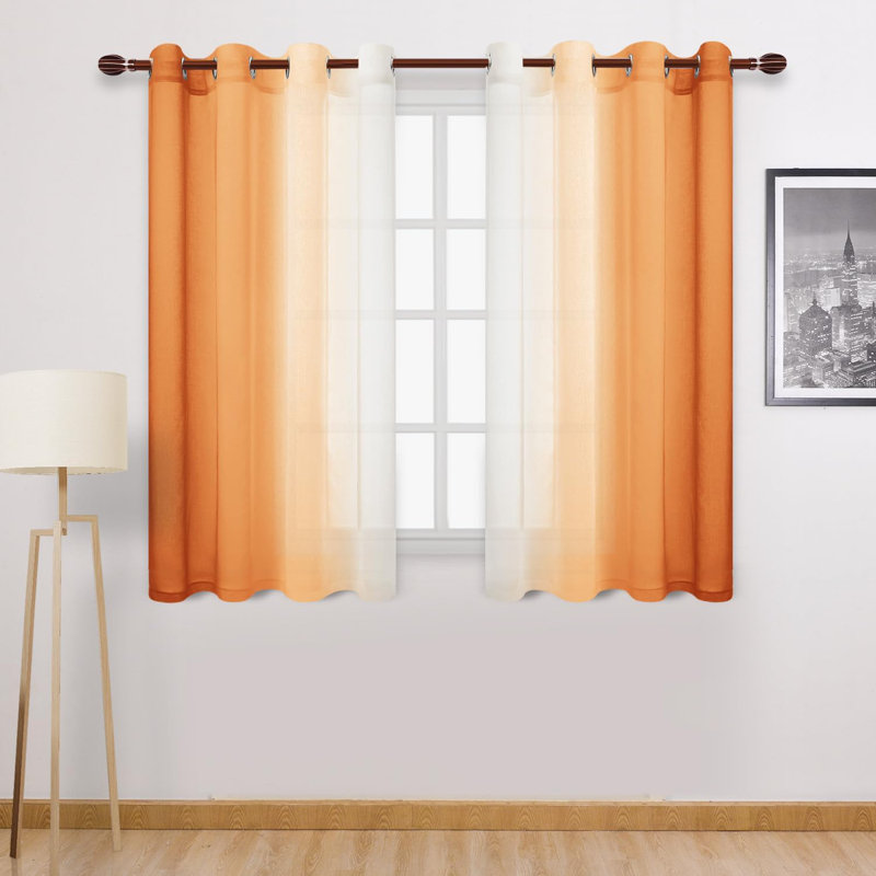 2 Panels Ombre Sheer Curtains Faux Linen Semi Voile Gradient Farmhouse Style Curtains, Grommet Top Window Drape Panels for Bedroom and Living Room