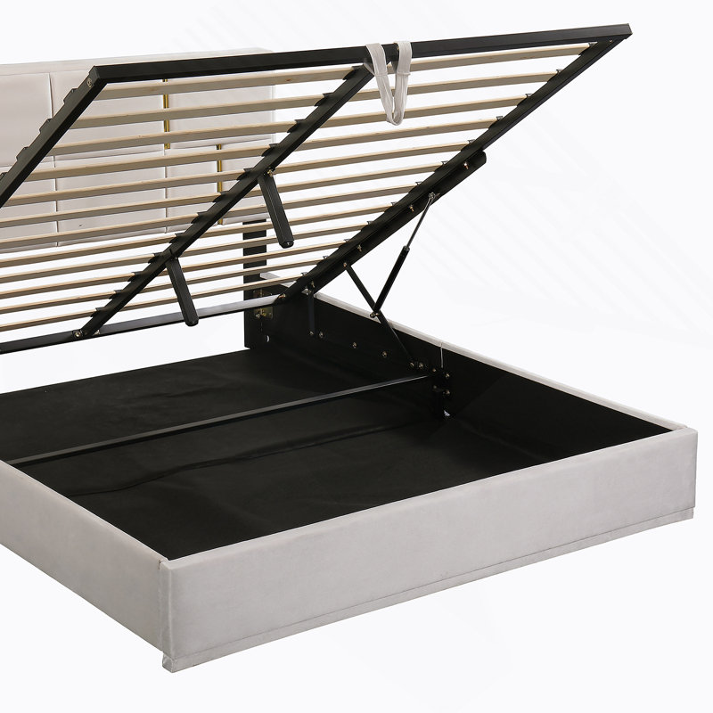 Grand lit plateforme tapissier avec système de rangement hydraulique, sans sommier tapissier, beige, Beige