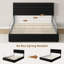 Structure de lit double pleine grandeur avec 4 tiroirs, cadre de lit en velours avec tête de lit, support à lattes de bois, aucun sommier requis, assemblage facile, beige-129707891-129707889