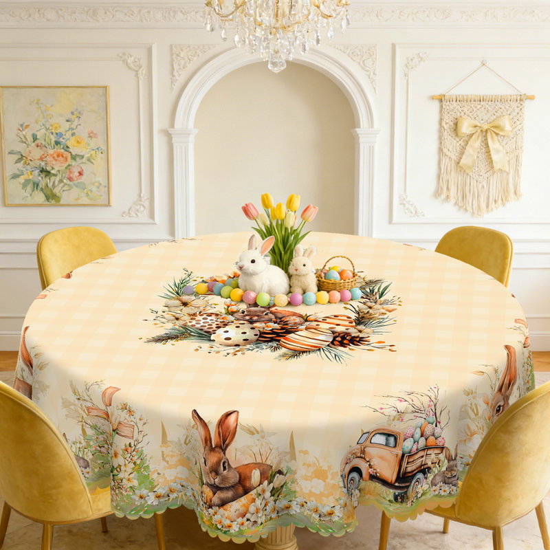 Vintage Easter Bunny Tablecloth - Plaid & Floral Wreath Printed Fabric Cover, Reusable Round/Rectangular Tablecloth for Easter Brunch, Spring Gatherings | Decorative Scalloped-Edge Tablecloth with Bunny & Egg Design, Fits Dining Tables
