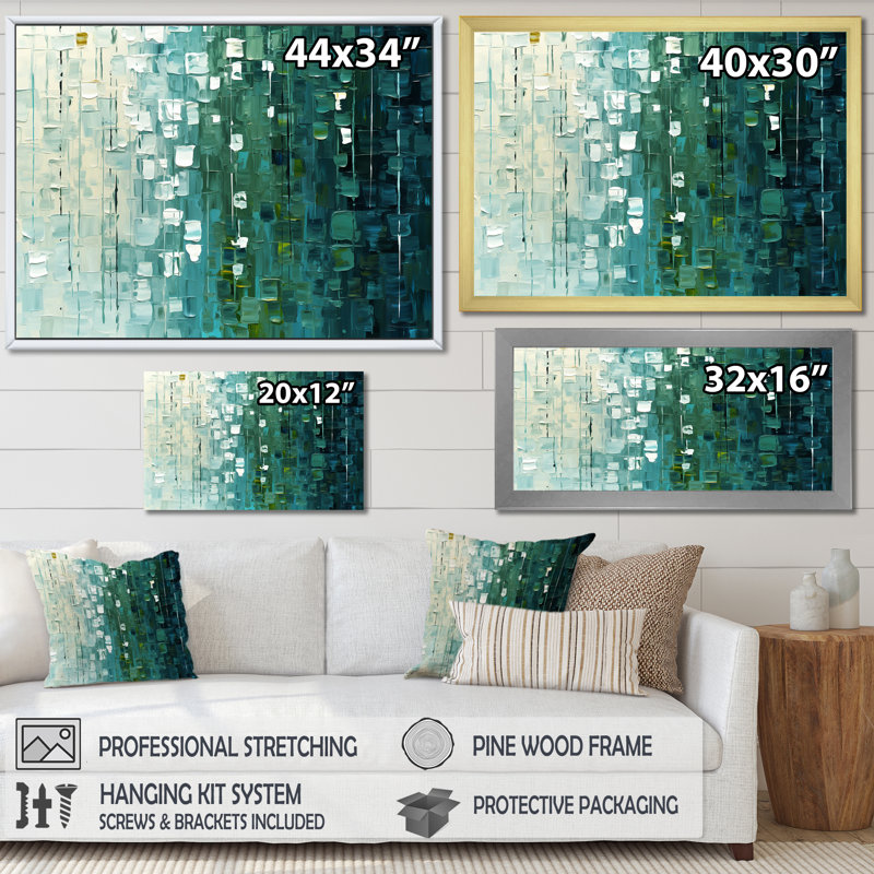 Continuation et départ rétro or et bleu sarcelle - peinture murale abstraite, Cadre simple blanc, H 12 po x l 20 po x P 1 po
