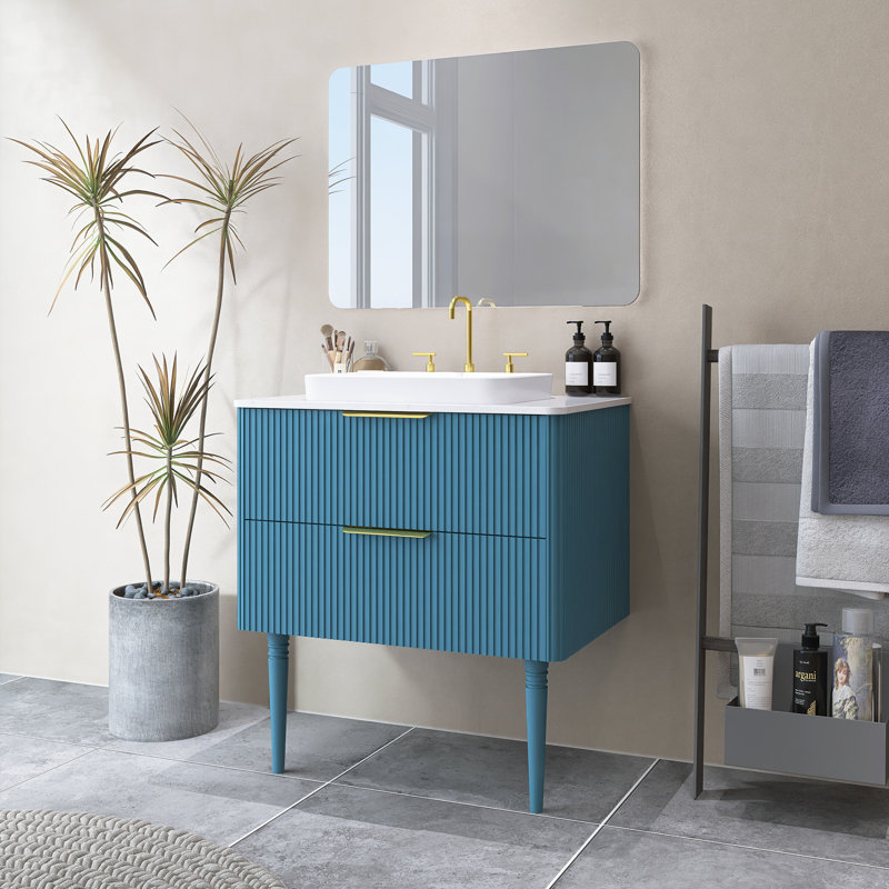 30 po Ensemble de meuble-lavabo autoportant ou mural rayé avec plateau et lavabo, deux pieds, Bleu aqua