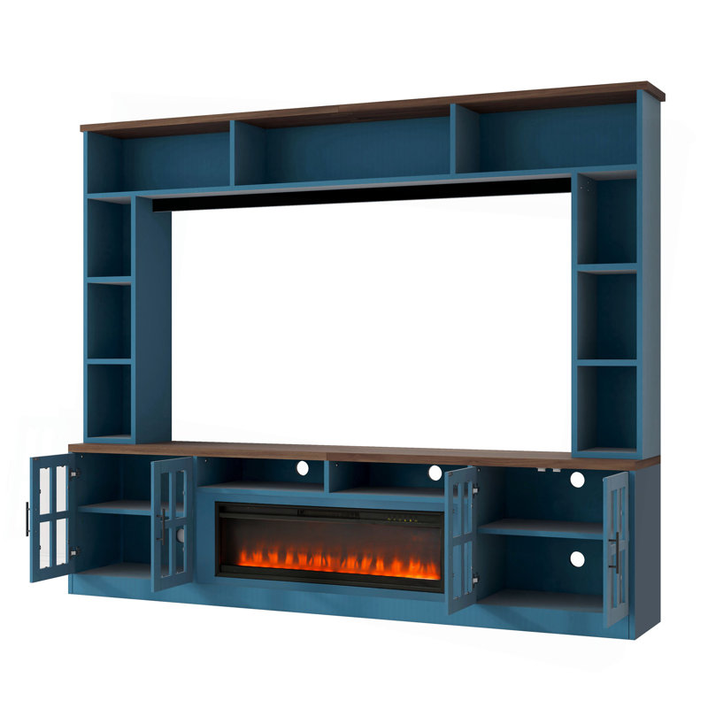 95.5" W Wall Unit Entertainment Center Tvs Up To 80", Yes, Navy Blue