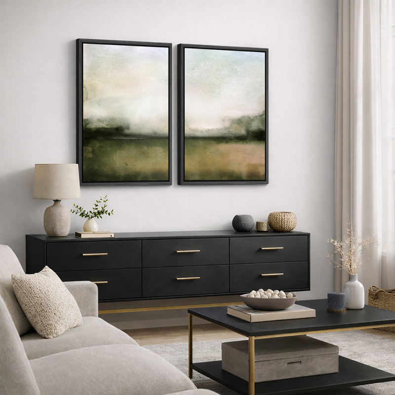 Minimal Landscape "Muted Green Watercolor Artwork, Classic Simple Minimalist Wall Pictures, Framed Canvas Giclee Print 2 Pieces Wall Art Set" 16x24x2 pcs, 24x36x2 pcs