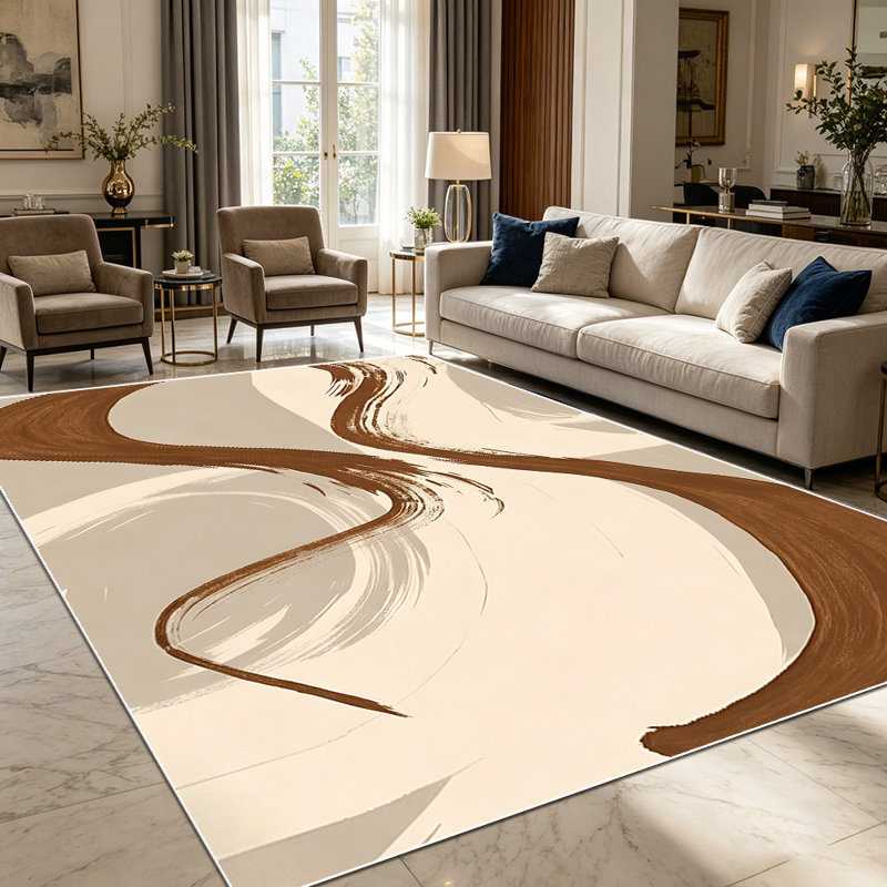 1PC Abstract Neutral Brown Wavy Brushstroke area rugs for Living Room, Soft and Comfortable, Suitable for all seasons, easy-to-maintain, machine washable Indoor floor mat, Under Table Farmhouse suitable for dining table, bedroom, entryway, home