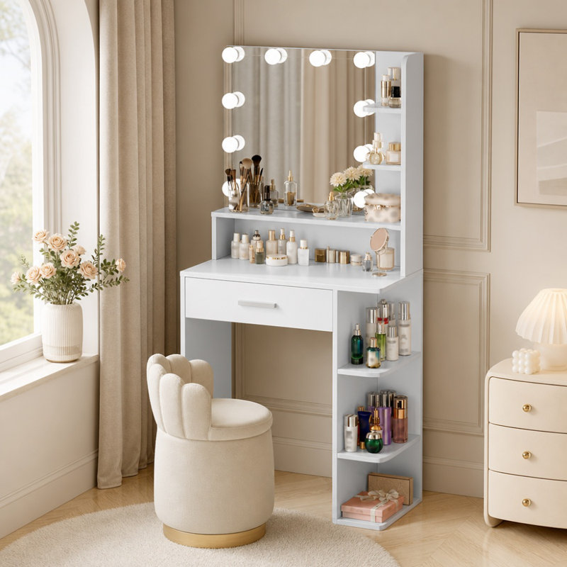 26.4" Small Makeup Vanity Desk with Lighted Mirror, 3 Color Modes, Drawer & 6 Level Storage, White, White