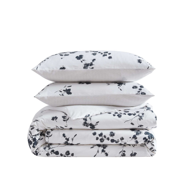 Vera Wang Noir Bouquet Cotton Reversible Grey Duvet Cover Set, King Duvet Cover + 2 King Shams