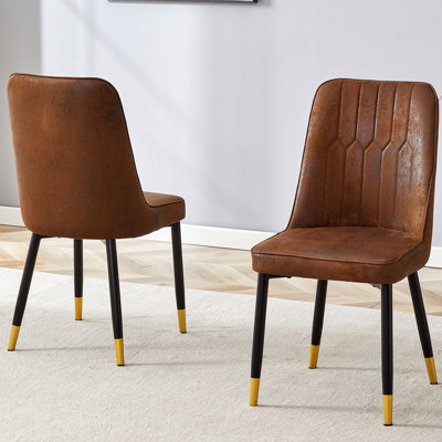 Ensemble de deux chaises de salle à manger en suède brun avec pieds en métal noir, motif à rayures verticales, jet doré luxueux, coussin intégré confortable, patins, idéal pour de multiples occasions