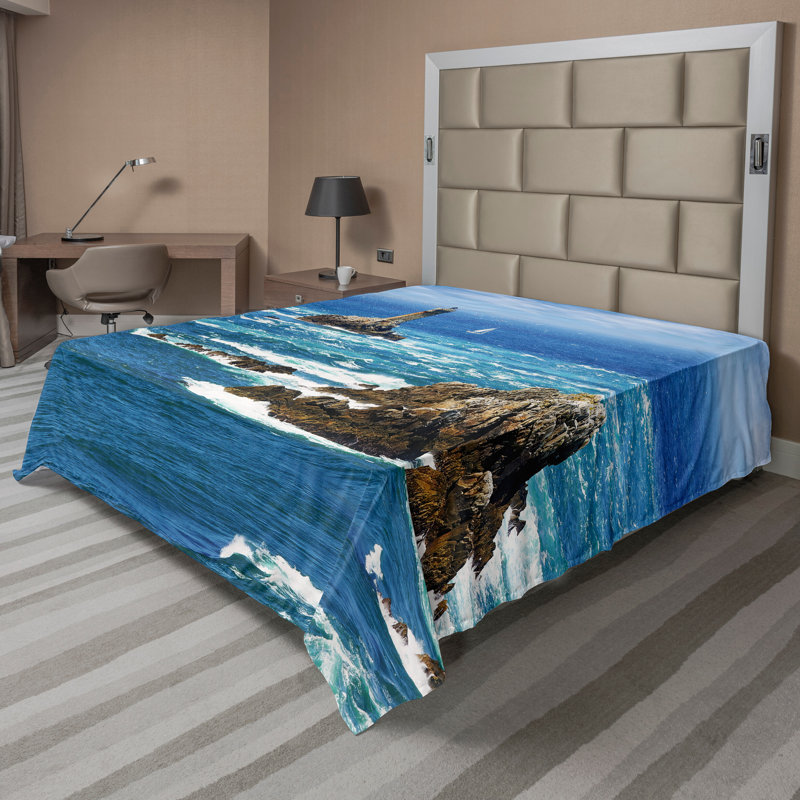 Drap Ambesonne Ocean Top Daytime Wavy Rocky Sea, Drap plat pour très grand lit californien