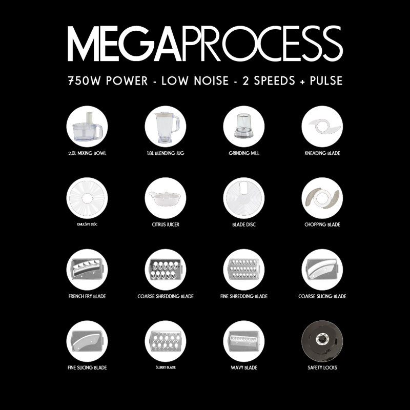 SQ Professional MegaProcess 3 in1 Food Processor 750W, Black/White