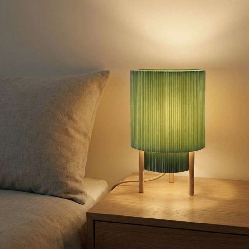 10" Modern Drum Table Lamp With Fabric Shade & Wooden Base, E12 Socket, Dimmable Switch With Color Temperature Control, Accent Lamp For Bedroom, Living Room & Hotel Use