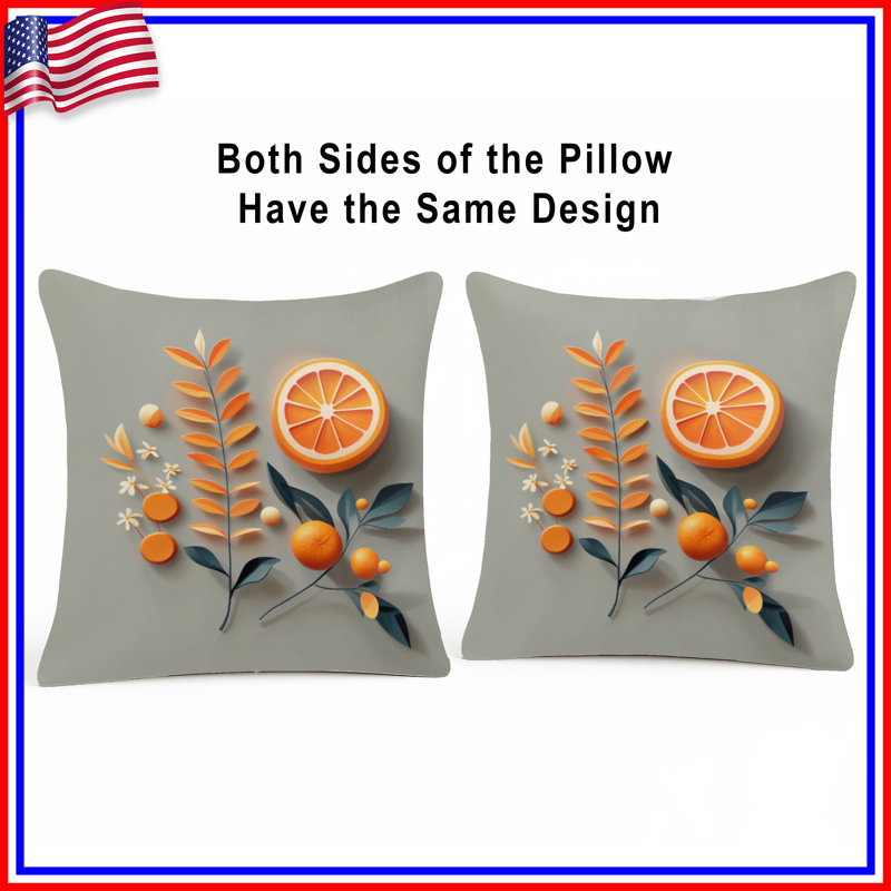 Coussin orange, nourriture, double face, 14 X 14 pouces