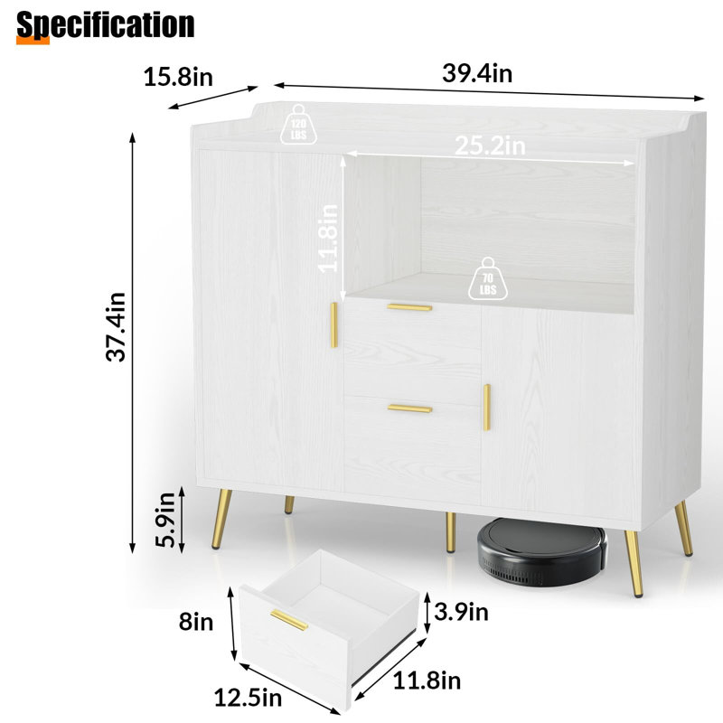 Armoire de rangement de cuisine moderne, armoire buffet avec tablette, café avec 2 tiroirs et 2 portes et rangement ouvert, buffet de plancher pour le salon, la salle à manger et la salle de bain