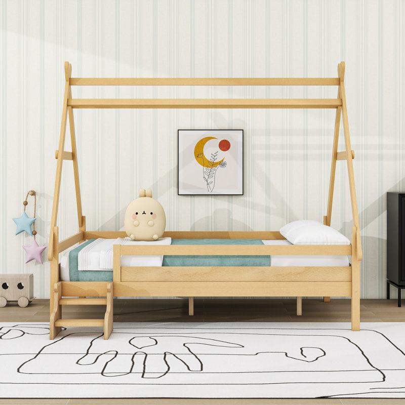 House Platform Bed With Stairs, Natural, Full